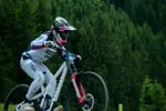 Mountainbiker springt über Felsen vor Waldhintergrund