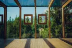 Holzinterieur mit Glaswänden und gerahmten Blick auf die Natur