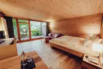gemütlicher Raum mit Holzdecken und großen Fenstern zum Grünen