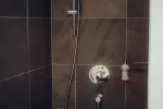 Duschbereich mit modernen Armaturen und dunkler Fliesenwand