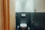 Badezimmer mit Toilette und Holztür