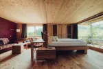 Helles, modernes Zimmer mit Holzdecke und Blick auf die Natur.