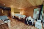 Holz eingerichtetes Hotelzimmer mit Bett, Sitzbereich und großen Fenstern