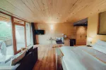 Helles Zimmer mit Holzwänden, Fensterblick und modernen Möbeln.