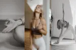 Collage von Yoga-Posen und einer Person, die drinnen dehnt