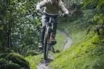 Radfahrer fährt mit Mountainbike auf einem Waldweg