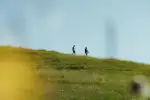 Zwei Figuren, die auf einem grasbewachsenen Hügel unter klarem Himmel gehen