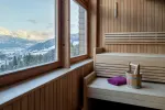Holzsauna mit Bergblick durch große Fenster
