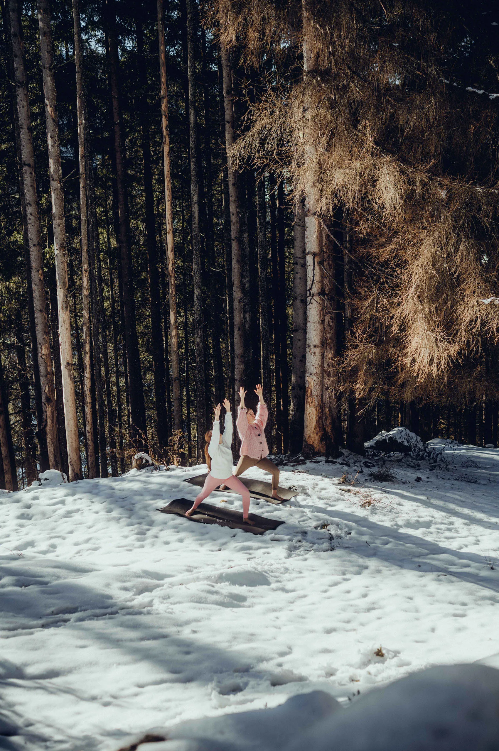 Frau praktiziert Yoga im winterlichen Wald