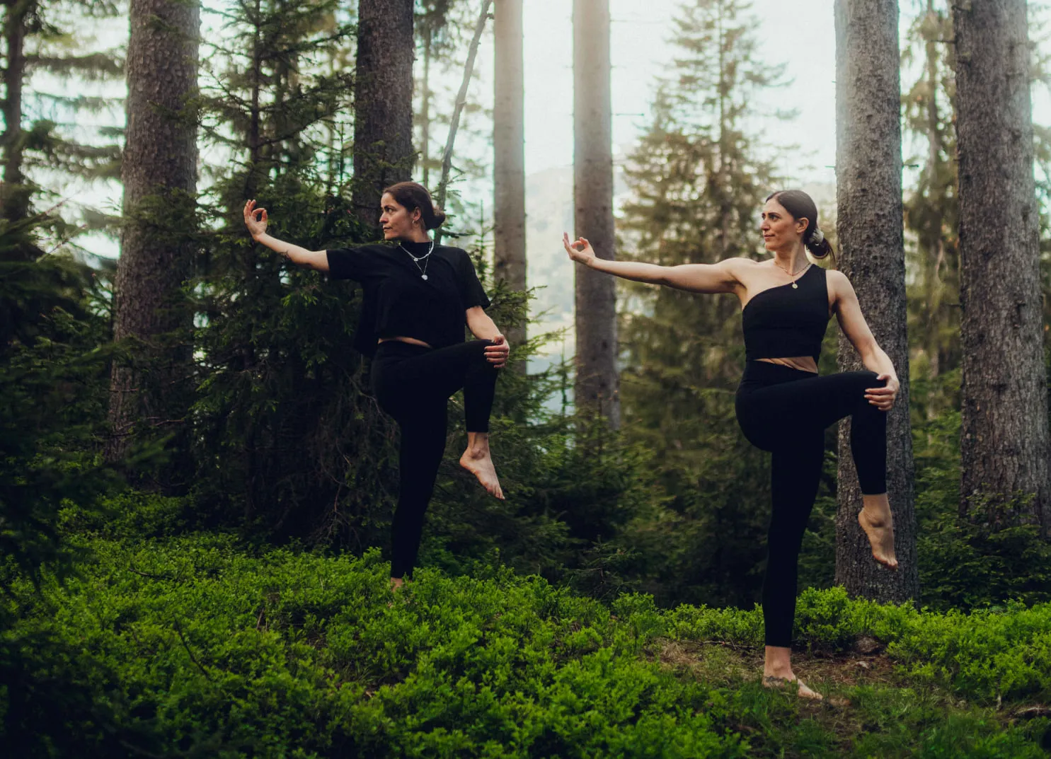 Zwei Tänzerinnen in einem Wald, beide in schwarzer Kleidung, posieren kreativ.