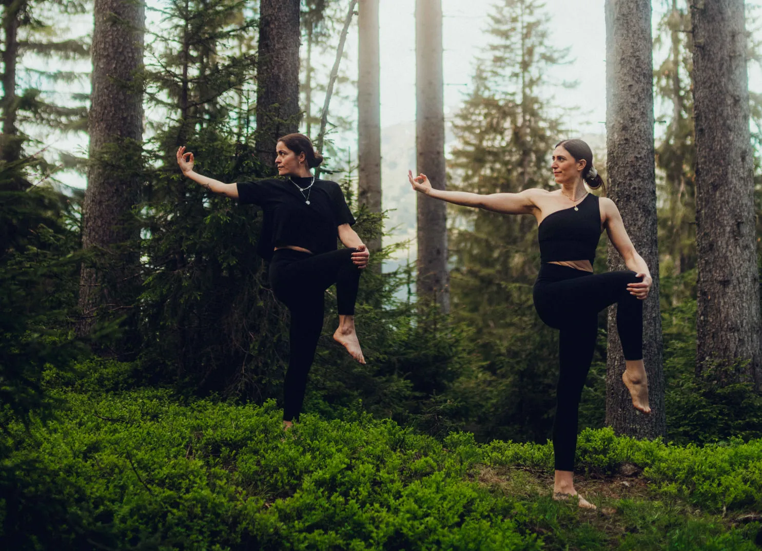 Zwei Tänzer in schwarzen Outfits posieren in einem Wald mit hohen Bäumen
