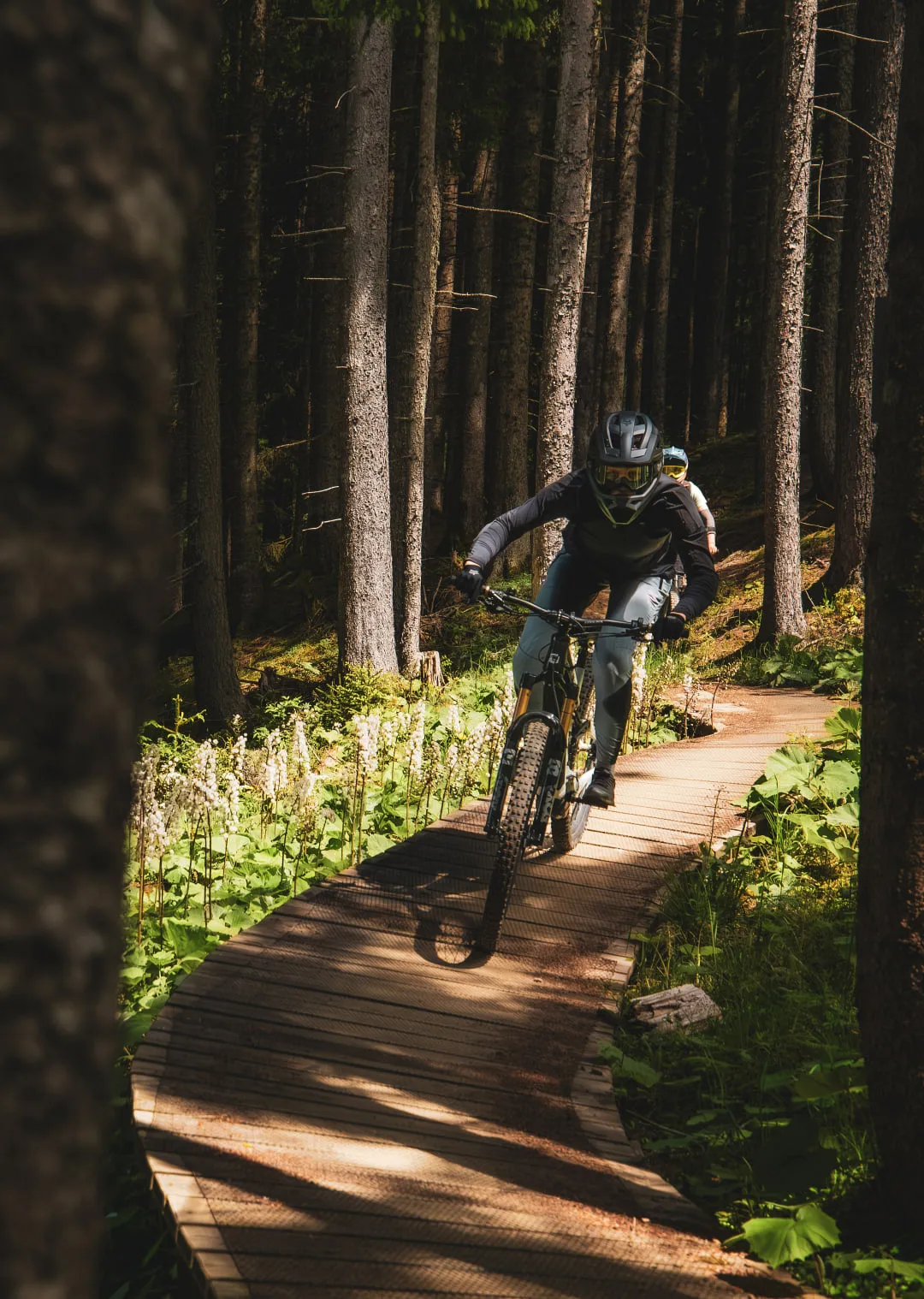 Person fährt mit einem E-Bike auf einem Holzweg durch Bäume